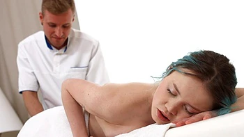 Skinny teen Rebecca Nikson rides masseur Leo Dee’s cock peaches