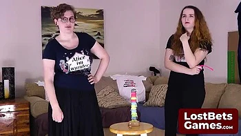 Lesbian Teen Strip Game: Huge Tits Brunettes Play Remote Control Bet