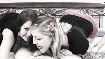 Charlee Chase Sucks Big Cocks, Double BJ Cum