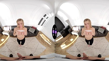 Blonde babe rides cock in hot VR blowjob doggy