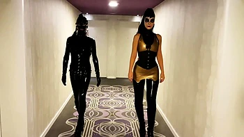 Brunette babe solo fingers her latex pussy