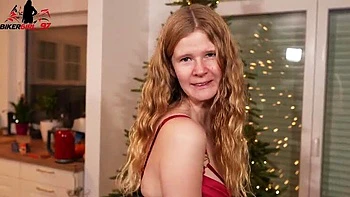 German Teen Bikergirl_97 Gets Really Horny with Glass Dildo Under Christmas Tree - Solo Masturbation & Cum
