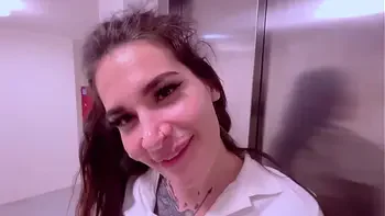 Beautiful girl Instagram blogger sucks in the elevator of the store and gets a facial