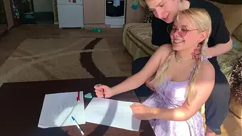 A shy student could not resist the tutor and took his dick in her mouth