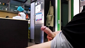 Showing my hard cock to stepmom, she jacks off