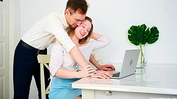 Long-haired babe sucks big cock and jerks off