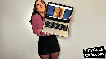 Upskirt babe mocks small cocks in bondage