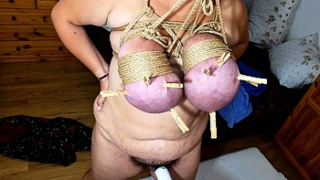 Shibari bondage on big saggy tits bbw