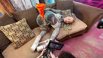 Tattooed petite babe solo anal masturbation with dildo