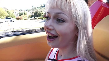 Cheerleader Jessica sucks hard and flashes her juicy pussy