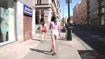 Two sexy angels took horny guy right to the van to have sex fun