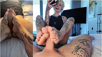 Footjob Without Hands Cumshot From Huge Cock On My Feet - Sallydinosaur
